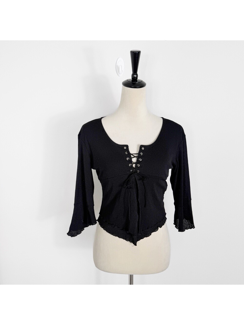 VTG Whimsigoth Y2K Babydoll Top Black Fairy Grunge Boho Vamp LettuceTrim Large